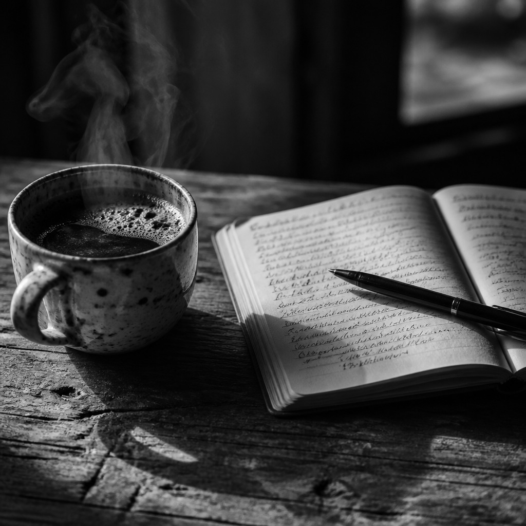 Filterkoffie en notitieboek - stilstaan bij wat er speelt