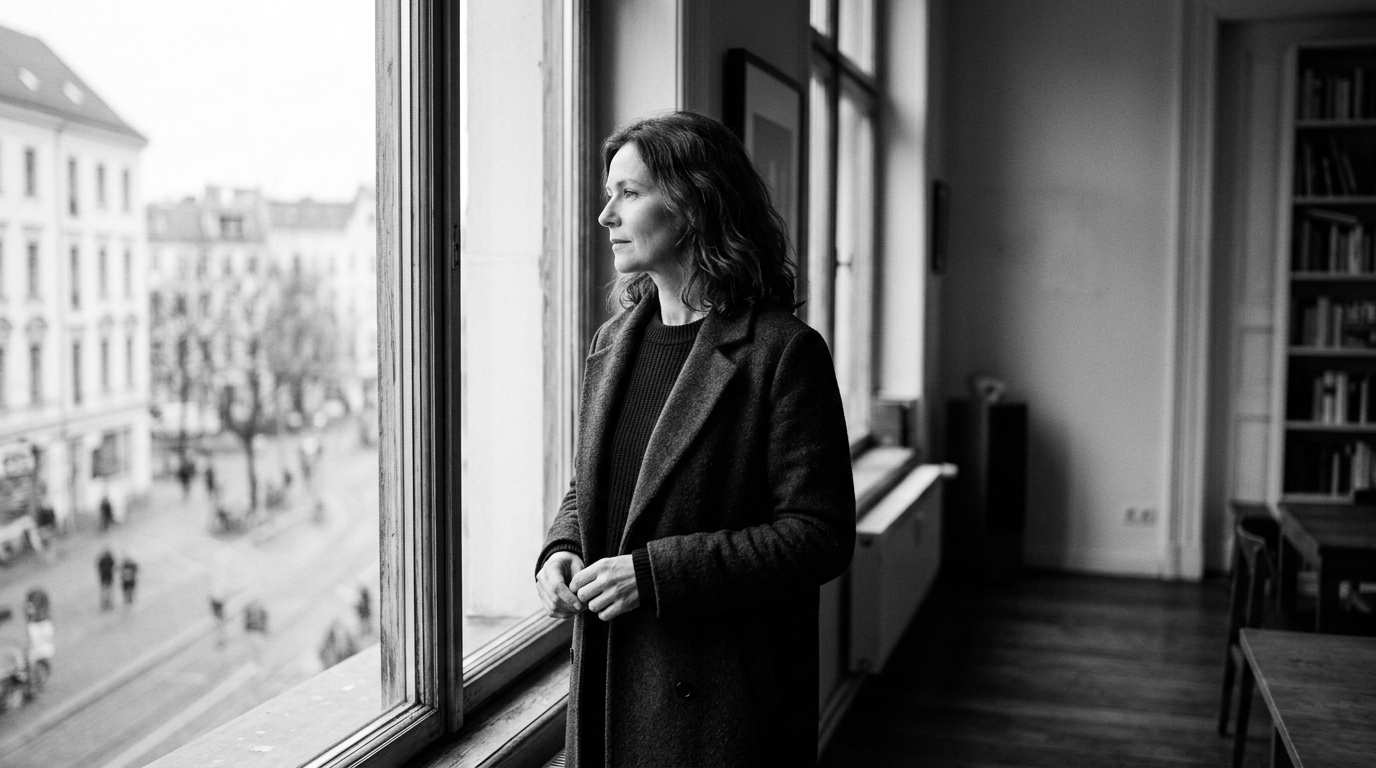 Vrouw kijkt uit het raam, alleen met haar gedachten